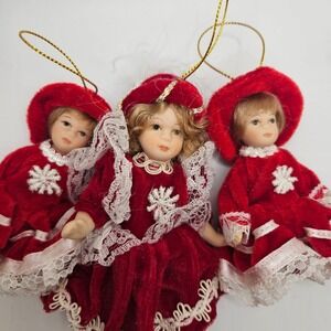 Vintage Porcelain Doll Christmas Ornaments Lot of 3 Red Velvet Lace‎ Dresses